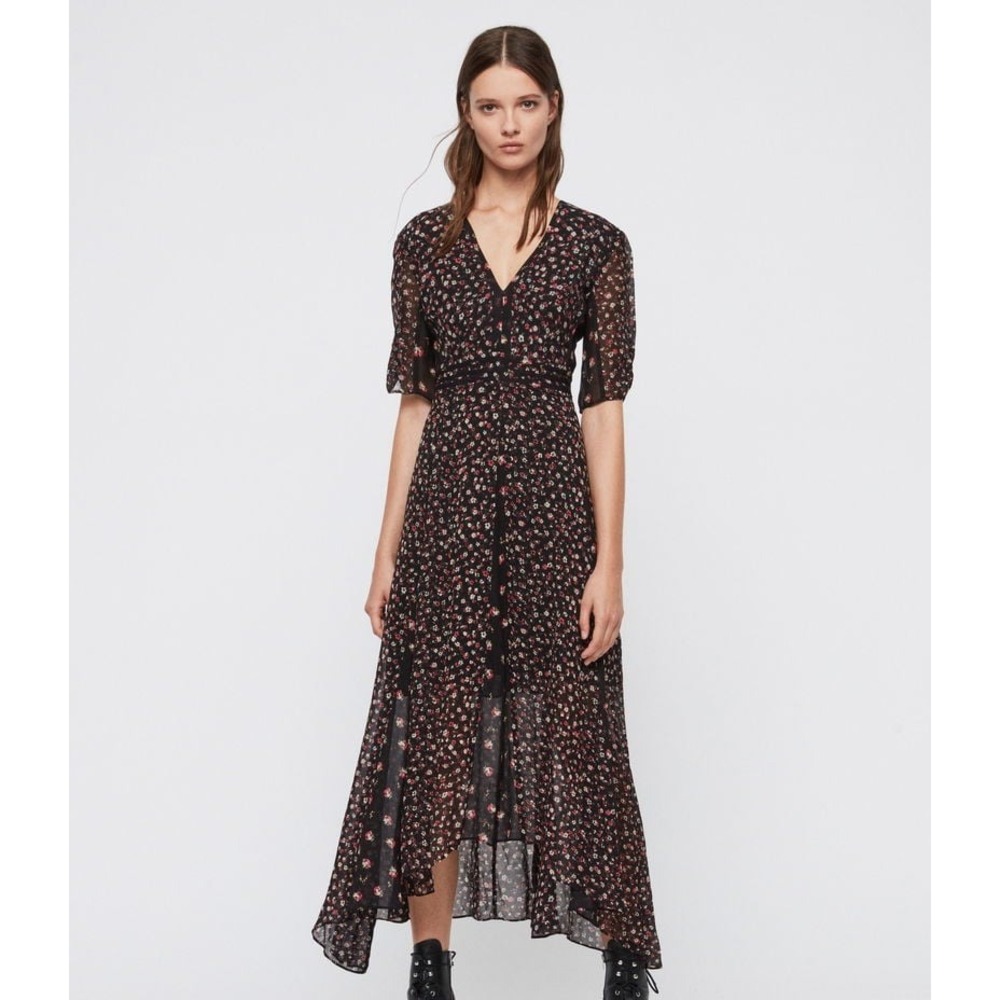 AllSaints Macella Ditz Floral Asymmetric Midi Dress Black US 8